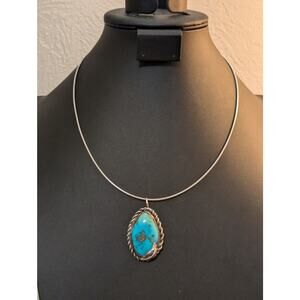 Vintage 925 Sterling Silver Turquoise Pendant 18" Cord Necklace